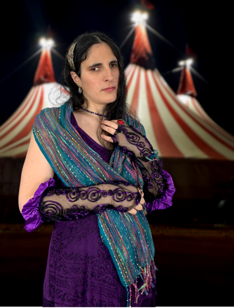author M.T. DeSantis, young woman with dark hair wearing purple and backdropped by a circus at night