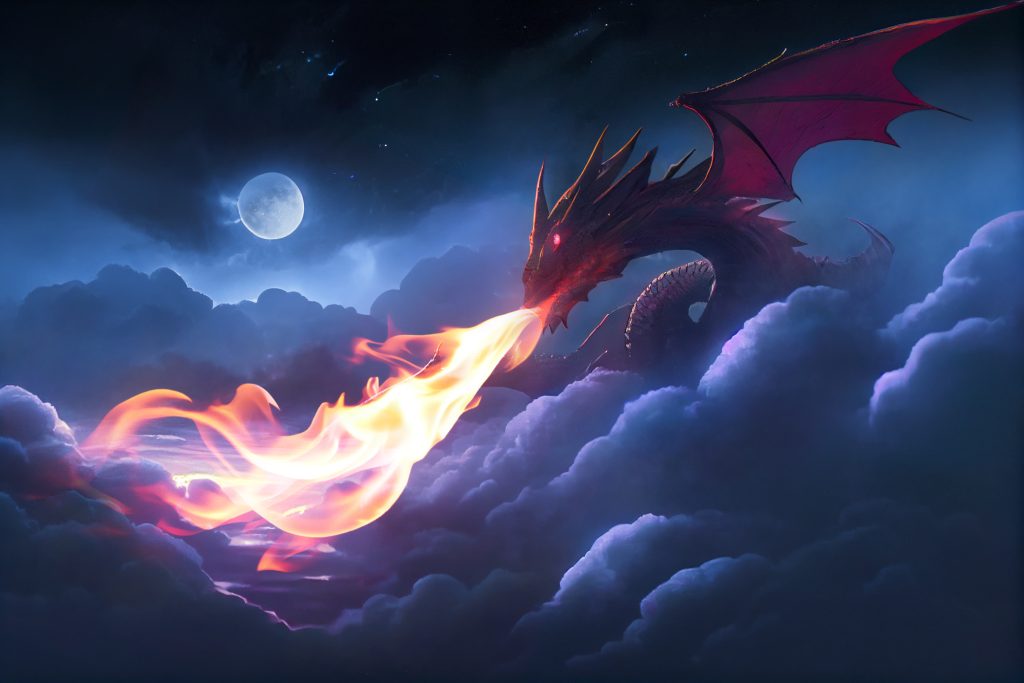 dragon breathing fire over clouds at night