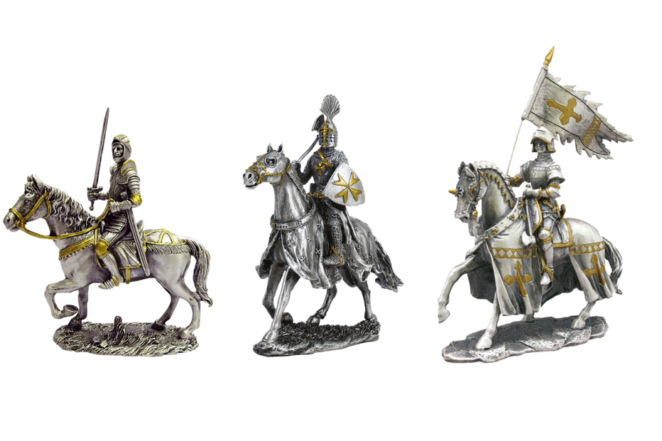 A knight in silver armor riding a white horse with matching armor, against a blurry green background.
