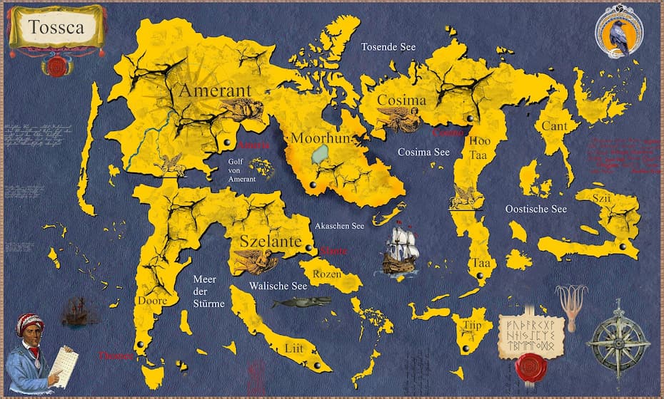 A detailed fantasy world map on weathered antique parchment featuring hand-drawn mountains, forests, sailing ships, and an ornate compass rose.