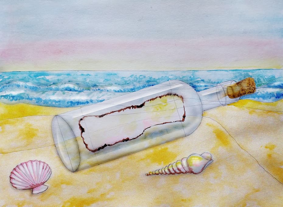 A rolled parchment scroll in a glass bottle resting on golden sand as gentle ocean waves crest over the shore.