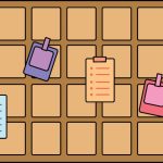 A wooden story board with several colorful sticky notes, a white notepad, and a polaroid photo of a landscape.