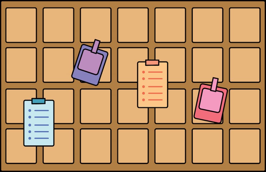 A wooden story board with several colorful sticky notes, a white notepad, and a polaroid photo of a landscape.
