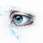 A watercolor sketch of a human eye with a detailed blue iris, surrounded by drips of rainbow-colored paint.