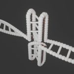 A stylized 3D render of a DNA double helix spiraling against a dark background.