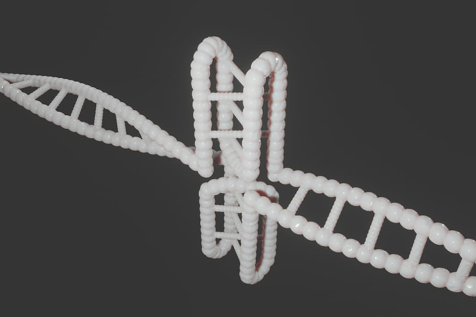A stylized 3D render of a DNA double helix spiraling against a dark background.