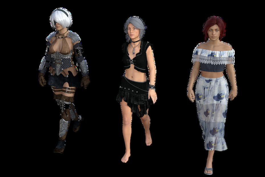 Stylized illustration of women walking in different poses on a transparent background.