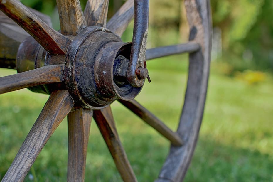 Close-up of an old, weathered wagon wheel made of wood with a dark iron hub, set against a blurred grassy background.