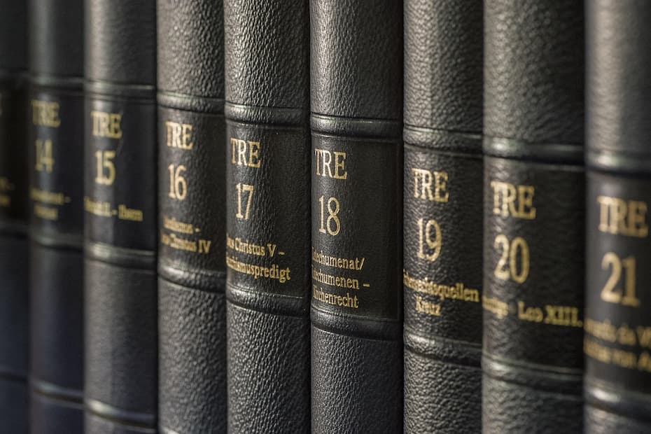 Volumes 14-21 of an encyclopedia on a shelf with matching black leather spines and gold lettering.